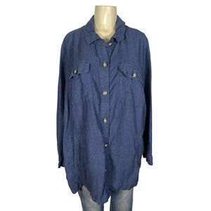 J Jill Love Linen Jacket Womens 2X Blue Button Front Shacket Pockets Lightweight